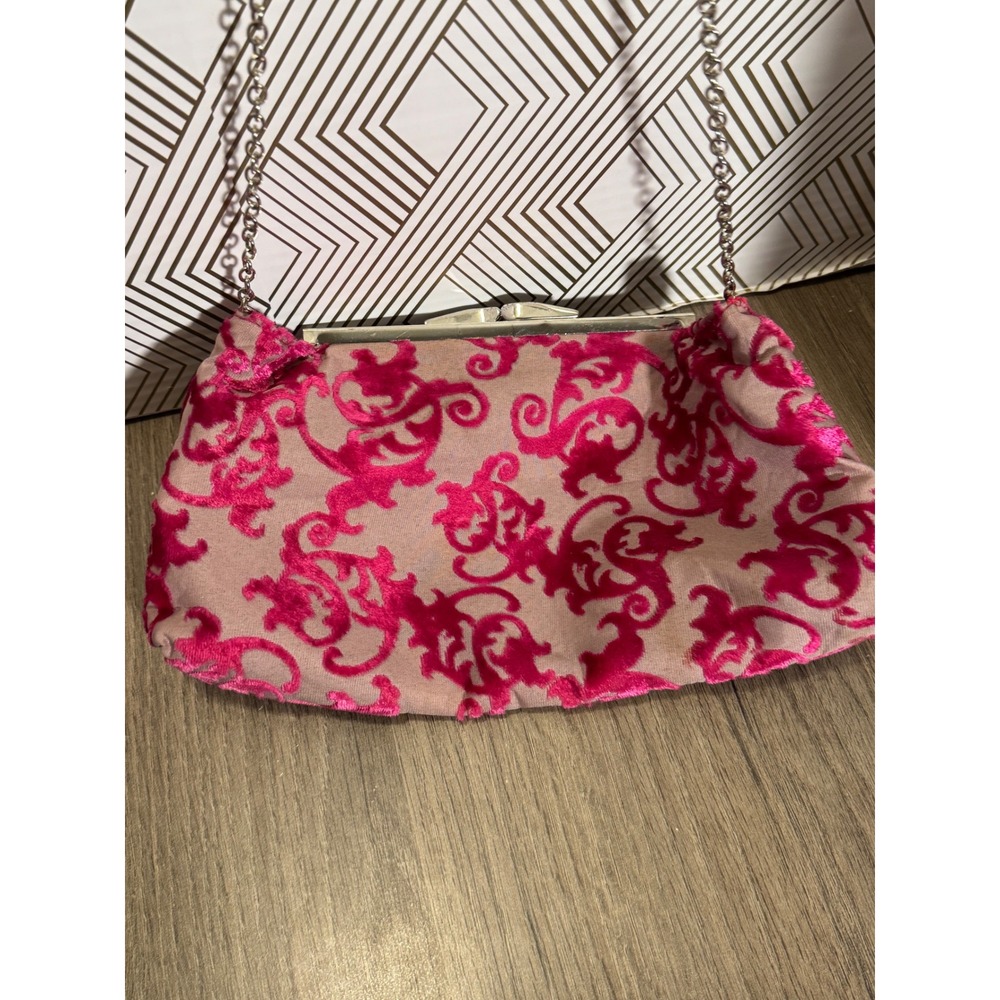 Paperchase Pink Velvet Floral Clutch Evening Bag Silver Chain‎